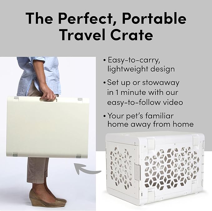 KindTail PAWD Collapsible Puppy and Dog Crate + Washable Bed - Stylish Pet Kennel with Comfortable Pad - Safe Indoor Set - Lightweight, Compact & Portable for Travel - Small White