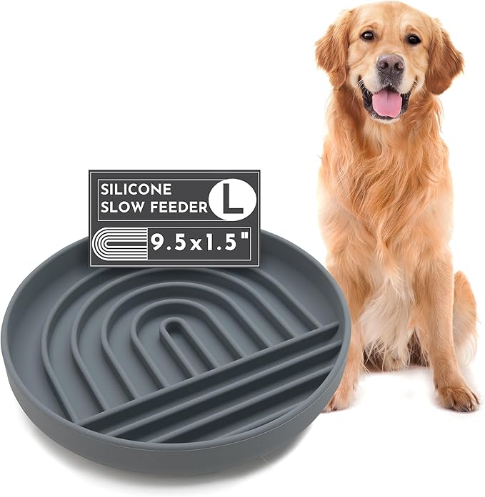 The Slowdown Bowl Silicone Slow Feeder for Dogs & Puppies, Slow Eating Modern Lick Mat Design Reduces Gulping, Fits 2.5 Cups 9.5” Across x 1.5” Tall, Mealtime Challenge, Large-Charcoal