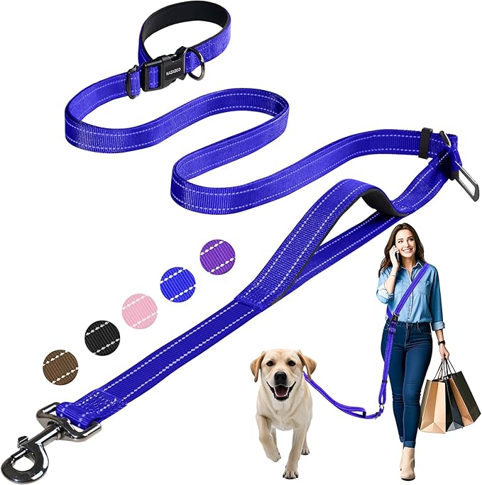 Hands-Free Dog Leash with Adjustable Length 6-9FT + Dual Padded Handles Reflective Safety for Walking, Jogging & Training | Suitable for Medium to Large Dogs & Puppies Blue-L