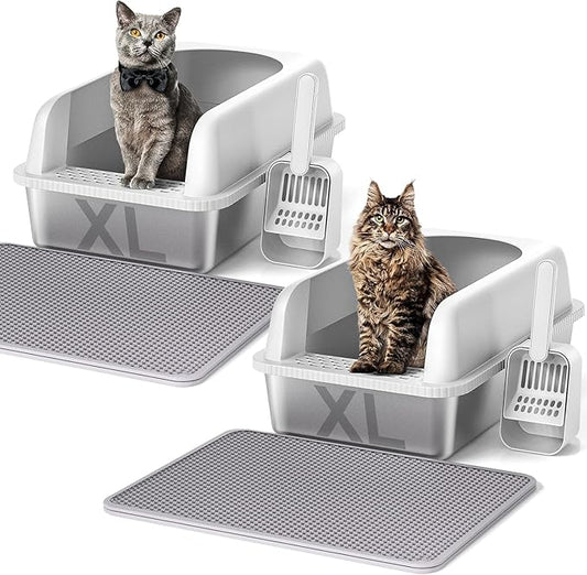 2 Pack Stainless Steel Cat Litter Box with Lid, 24" L x 16" W x 11.8" H, Extra Large Litter Box for Big Cats with High Sided, Anti-Urine Leakage, Easy Cleaning, Include Cat Mat and Scoop