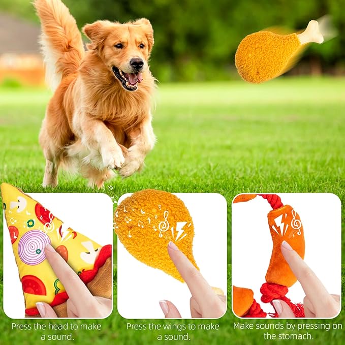 Squeaky Toys for Dogs – Fun Interactive Food-Themed Set，Pizza，Drumstick，and Sausage Rope，Durable Tug Toy and Chew Toy，Ideal for Small & Medium Dogs and Strong Chewer