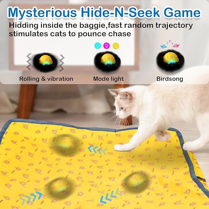 Interactive Cat Toys for Indoor Cats,Self Rolling Cat Ball in Play Mat,Automatic Motion Activated Moving Toy Hide and Seek Chase Game for Bored Cats,Real Chirp Birds,Rechargeable