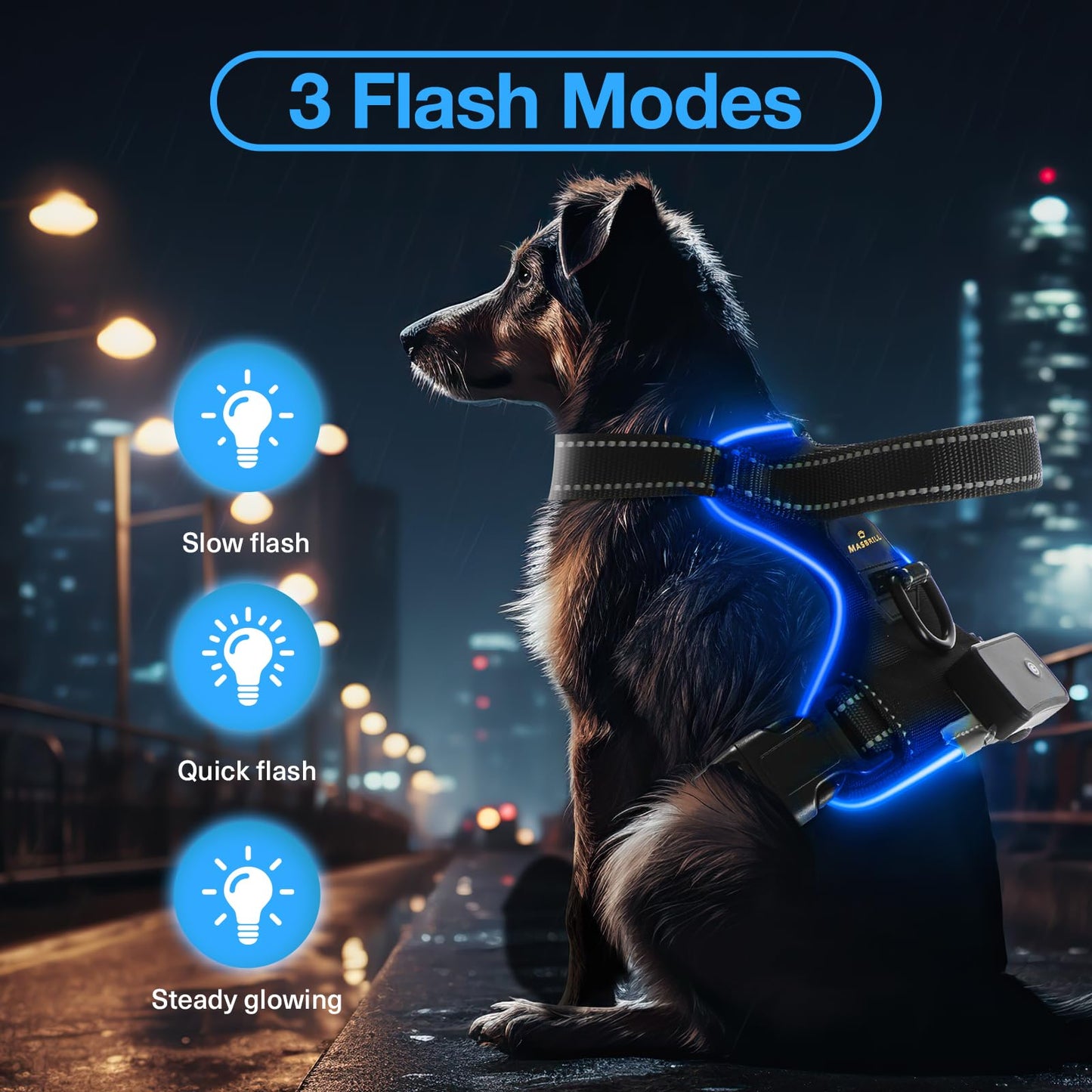 MASBRILL Light Up Dog Harness - No Pull Led Dog Harness Rechargeable Adjustable Lighted Dog Vest Harness for Small Medium Large Dogs
