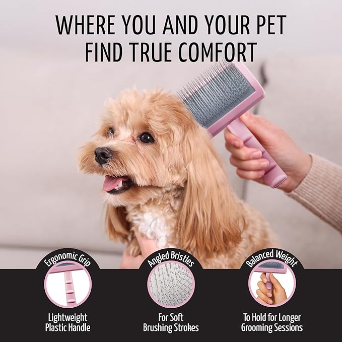 Tauro Pro Line Plastic Long & Short Hair Slicker Dog Brush for Deshedding & Detangling - Pink Slicker Brush for Dog & Cat Grooming - 0.98″ Pins, Non-Slip Grip, Size S