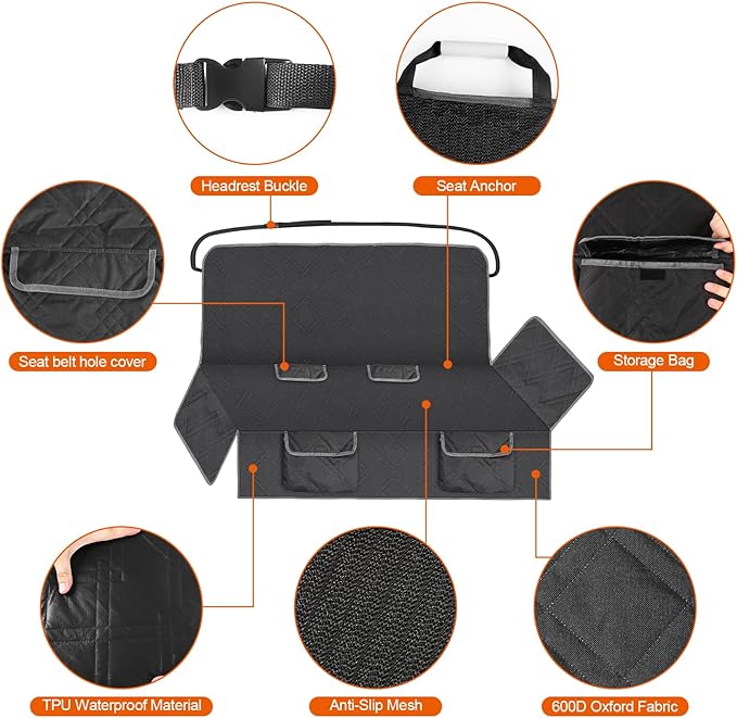 Dog Car Seat Cover for Bench Seat No Headrest, Most Vintage Car and Classic Truck Bench Seat, 600D Oxford Scratch Proof Nonslip Pickup Waterproof Pet Bench Seat Cover