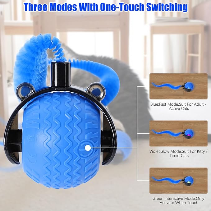 nteractive Cat Ball Toy, Cat Toy Ball with Cord Imitation Mouse, Obstacle Avoidance Smart CatToy Balls, Motion Activated Toys to Keep Them Busy (Blue, 1)