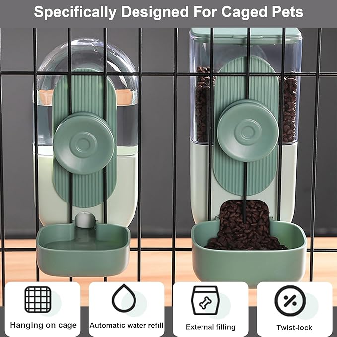 Hanging Automatic Pet Food Water Dispenser, 35oz Rabbit Feeder for Cage Gravity Feeder Siphon Waterer Set for Rabbit Chinchilla Hedgehog Ferret Cat Puppy (Green)