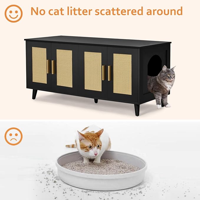 Homhedy Boho Cat Litter Box Enclosure for 2 Cats, Wooden Cat Washroom Furniture with Double Rattan Decorated Doors, Pet House,47.2”L x 19.7”W x 21.7”H, Black and Natural