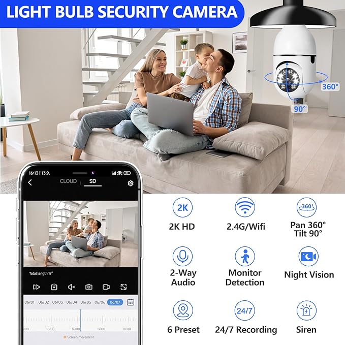 Light Bulb Camera 2 Pack,5g Dual Band Bulb Camera,WiFi 6 Light Bulb Camera Pack of 2, 2.4G/5G WiFi Light Bulb Camera, Home Secuirty Socket Camera,360 Degree Panoramic Camera 2pcs