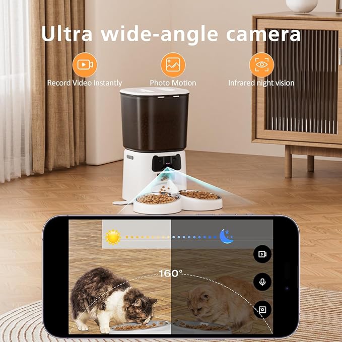 Automatic Cat Feeder with Camera, 6L WiFi Smart Pet Feeder with APP Control, 1080P HD Video, Voice Call, Motion Detection, Dual Power Supply, for Dogs Cats, Small-Pet (White, 6L)