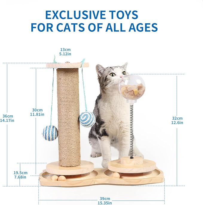 Marchul 4 in1 Interactive Cat Toy, Natural Sisal Cat Scratching Post with Hanging Balls, Cat Toys with Roller Track by Wooden, Kitten Food Feeder with Treat Ball for Indoor Kittens