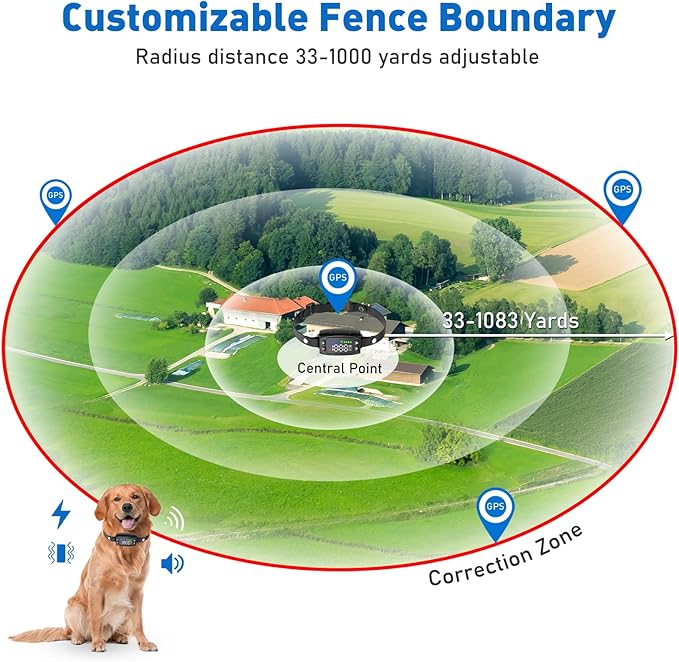 GPS Wireless Dog Fence, Electric Fence for Dogs, Pet Containment System with 3 Warning Modes, 33-1000 Yards Range, Boundary Collar for Pets Over 20 Lbs/ IPX7 Waterproof