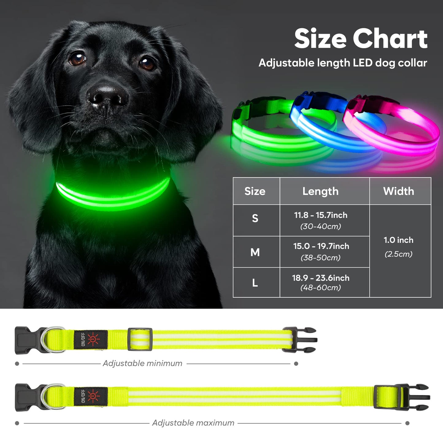 HIGO LED Dog Collar - Rechargeable Light Up Dog Collars Glow in The Dark, Flashing Dog Lights for Night Walking (Small, Green)