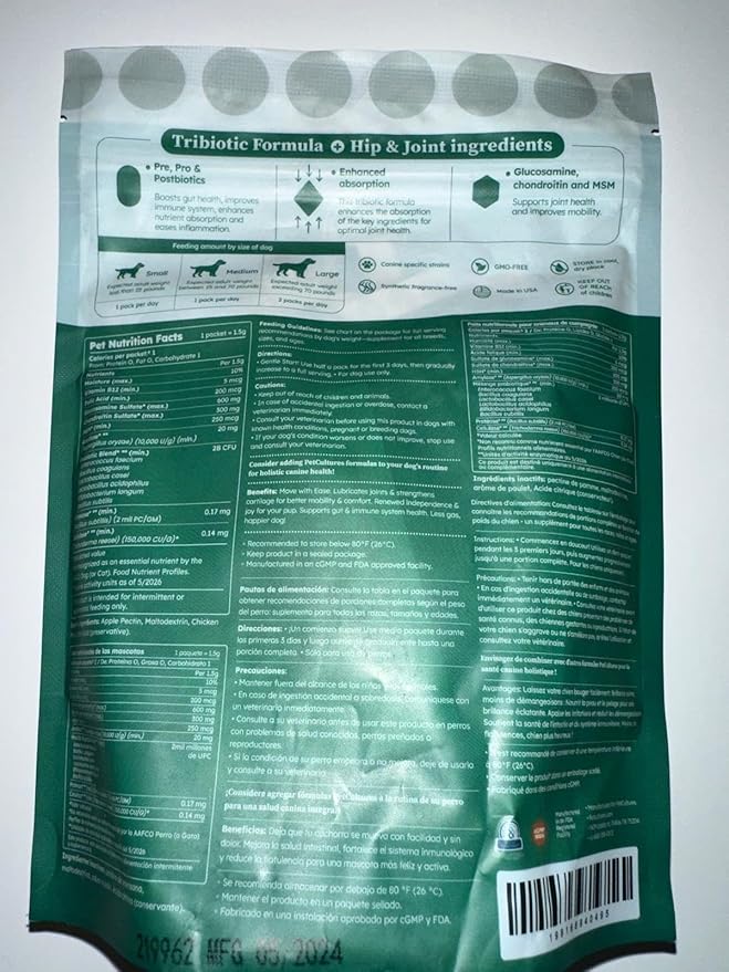 Hip and Joint Synbiotic Formula - 600mg Glucosamine, Chondroitin, MSM, and Probiotics in 30 Packs