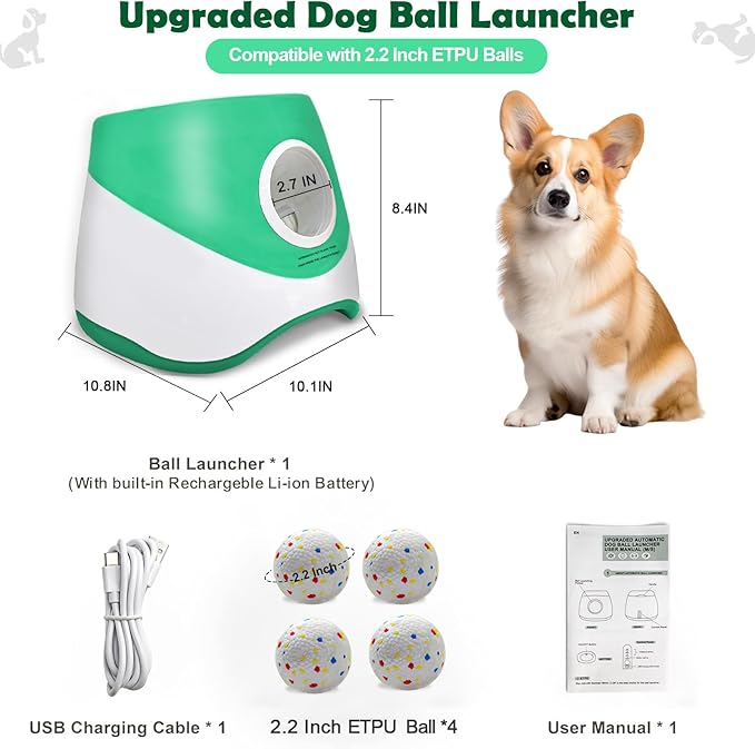 Automatic Dog Ball Launcher for Samll to Medium Dogs, Upgraded Interactive Toy Balls Thrower, Distance Adjustable Mental Stimulating Dog Toys with 4 Etpu Balls 2.2 Inch (Green)