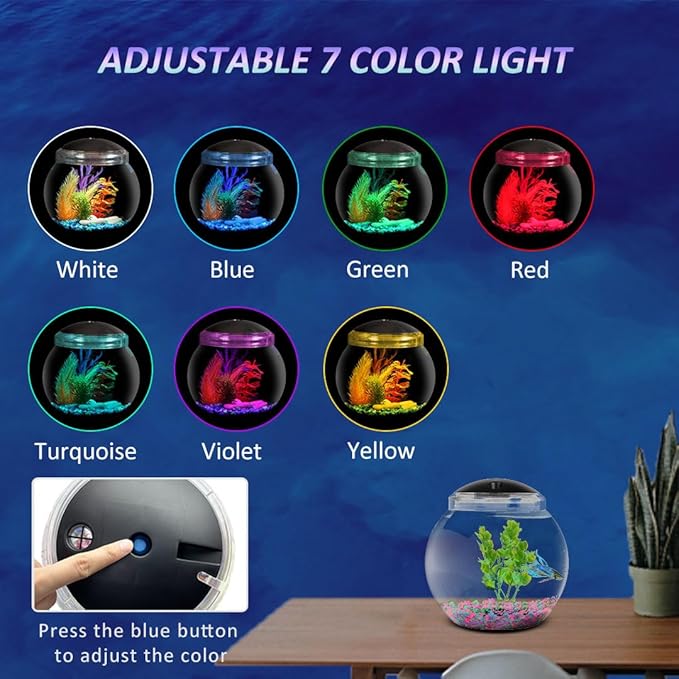 Koller Products 2-Gallon Fish Bowl, Impact- Resistant Plastic Betta Fish Tank with LED Lighting (7 Color Selections), Buit-in Timer, Crystal-Clear Clarity, Desktop Aquarium Tank for Home Décor