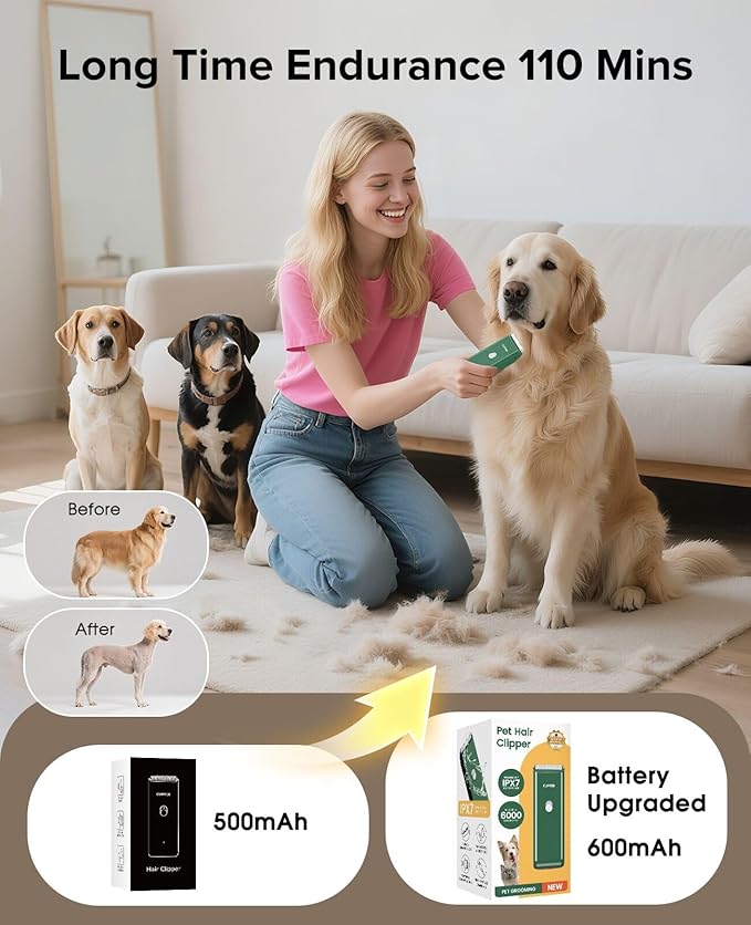 Dog Clipper for Matted & Long Hair,Quiet Pet Paw Hair Trimming Groomer,Handy Cordless Rechargeable Waterproof Shaver Kits for Cats,Small Dogs & Animals Green