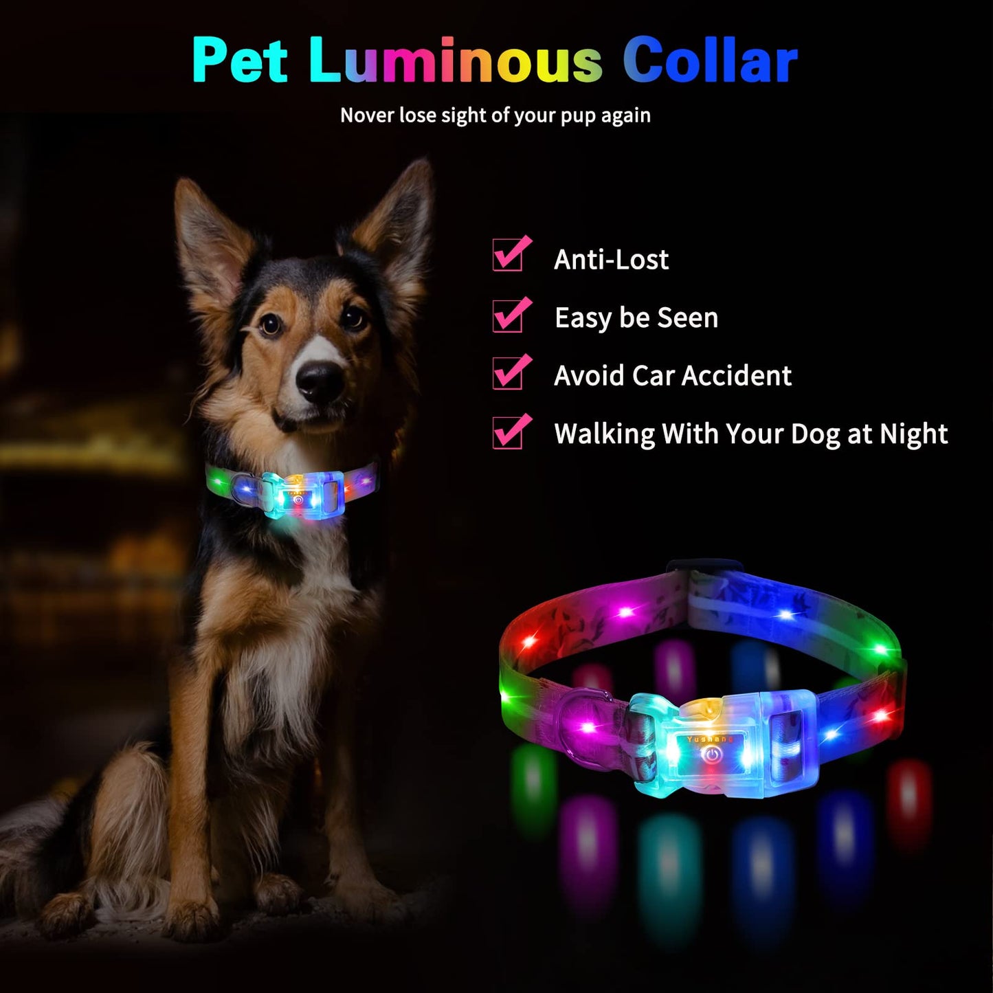 YUSHANG Light Up Dog Collars,LED Dog Collar Rechargeable Waterproof,2-in-1 Buckle Type Glow Collar for Medium Large Dogs- M(10-17 * 0.98 inch can be Crop