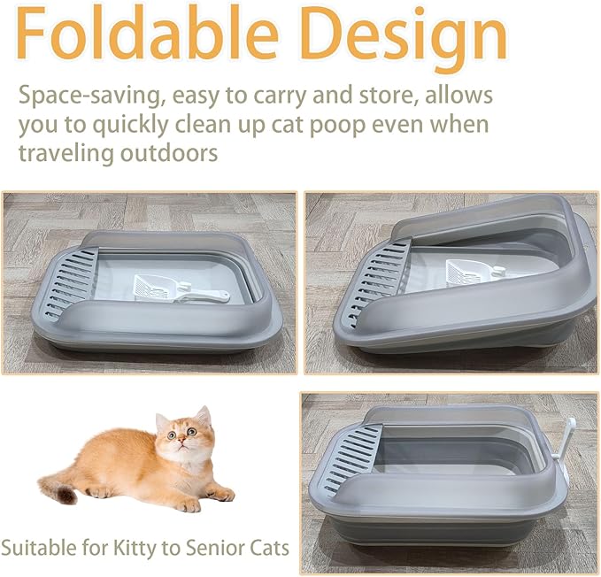 Low Entry Kitten Litter Box,Collapsible Cat Litter Box, Open Small Cat LitterBox with High Side Shallow Kitten Litter Pan Anti-Splashing Waterproof with Falling Sand Pedal