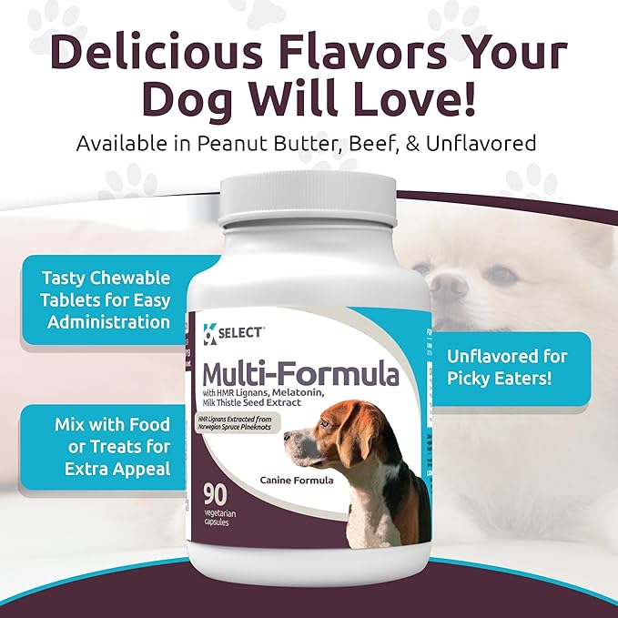K9 Select Multi-Formula Dog Vitamins for Medium Dogs - 20mg HMR Lignans, 2mg Melatonin, 40mg Milk Thistle - Helps Heart, Liver, Digestion & Coat Health, Dog Multivitamin, 90 Capsules