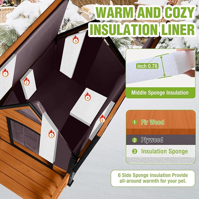 GUTINNEEN Outdoor Dog House Insulated Weatherproof Dog Kennel for Large Breed with All-Around Metal Frame, Anti-Bite Dog Shelter with Porch (Brown, 50.9'' Large)