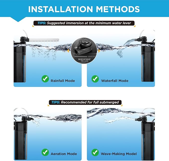 Internal Fish Tank Filter, 4W Adjustable Water Flow Submersible Aquarium Filter Pump for 10~20 Gallon Freshwater or 10~15 Gallon Saltwater, 2 Mode Aeration & Rainfall, TE-200(65GPH)