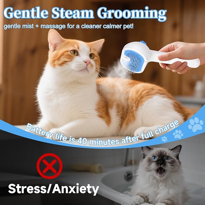 Pet Steam Brush for Dog & Cat - 3-in-1 Steam Grooming Brush for Shedding & Hair Removal - Self Cleaning Spray Comb with Mist for Long Haired Pets, Blue