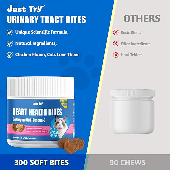 Just Try Coenzyme Q10 coq10 Bites for Cats - Advanced q10 & Taurine Supplement for Feline Heart Health - Chicken Flavored Soft Chews - Supports Heart Function - 300 Count