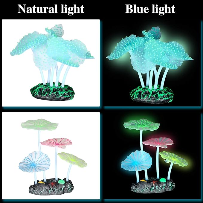 Frienda 8 Pieces Glowing Fish Tank Decorations Plants with 2 Style Glowing Kelp, Sea Anemone, Simulation Coral, Jellyfish, Lotus Leaf, Mushroom for Aquarium Fish Tank Ornament(Yellow, Pink)