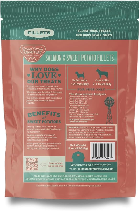 Gaines Family Farmstead Salmon & Sweet Potato Fillets for Dogs - 40 oz Pouch, All-Natural Dog Treats – Wild Caught Alaskan Salmon, Soft Chew, Limited Ingredients, Made in USA