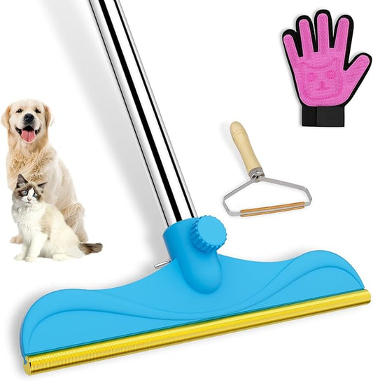3 in 1 Carpet Rake Kit for Pet Hair Removal Tool - 45” Adjustable Long Handle Pet Hair Remover, Reusable Carpet Scraper Dog Cat Deep Hair Cleaner Remover Tool for Rugs, Mats, Couch, Furniture
