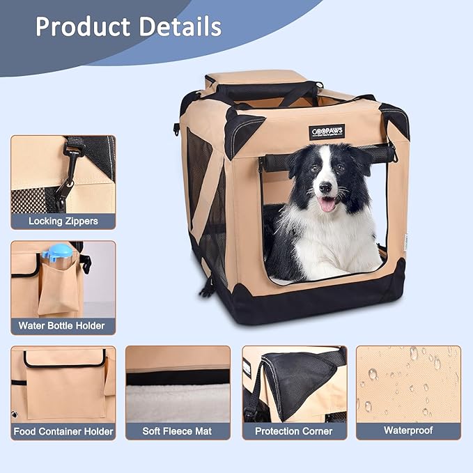 JESPET 30'' Soft Dog Crates Kennel for Pets, 3 Door Soft Sided Folding Travel Pet Carrier with Straps and Fleece Mat for Dogs, Cats, Rabbits, Grey Blue & Beige (30" L x 21" W x 23" H, Beige)