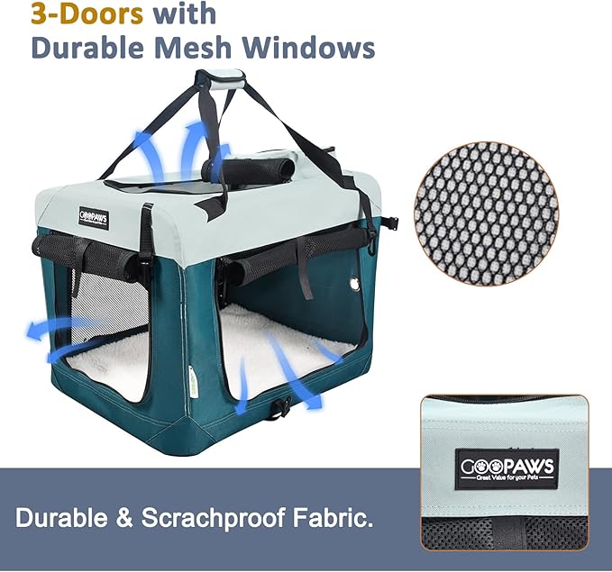 JESPET Soft Dog Crates Kennel for Pets, 3 Door Soft Sided Folding Travel Pet Carrier with Straps and Fleece Mat for Dogs, Cats, Shale Green, 36'' (8-Teal Blue, Large(30" L x 21" W x 23" H))
