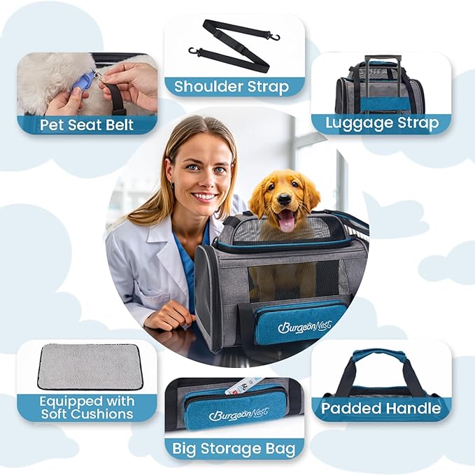 BurgeonNest Top-Expandable Pet Carrier, Airline Approved Dog Cat Carrier, Soft-Sided Puppy Kitten Carriers Up to 15 Lbs, Underseat Travel with Storage Pocket and Anti-Scratch Mesh, 18x11x11, Blue