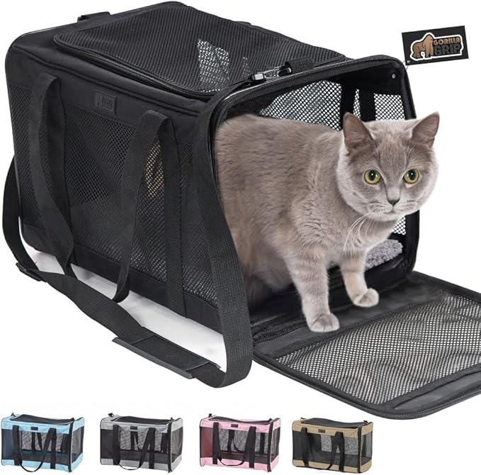GORILLA GRIP Cat Carrier Travel Bag Up to 15 Lbs, Soft Collapsible Small Dog Carriers, Top and Side Entry Breathable Mesh, Grip Feet on Underside, Cozy Washable Waterproof Pad, Portable Kennel, Black