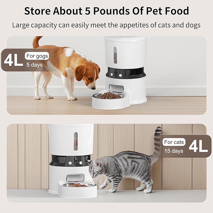 Automatic Cat Feeder with 2 Cameras 1080P HD with Night Vision Pet Food Dispenser Two-Way Voice and Audio Dog Smart WiFi Dog & Cat Feeder Programmable Schedule Slow Bowl White