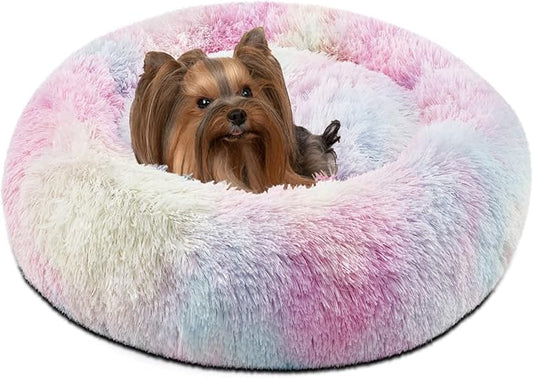 Friends Forever Donut Dog Bed Faux Fur Fluffy Calming Sofa For Small Dogs, Soft & Plush Anti Anxiety Pet Couch For Dogs, Machine Washable Coco Pet Bed with Non-Slip Bottom, 23"x23"x6" Rainbow