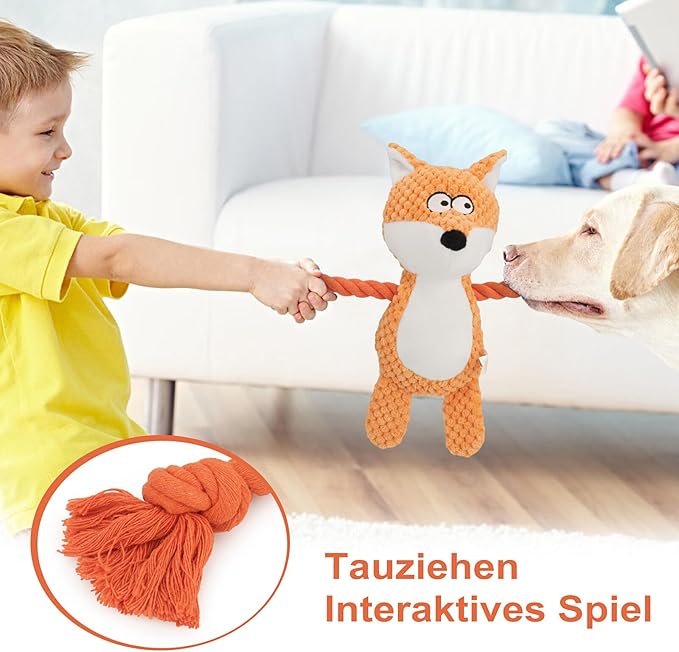 Dog Toys, Dog Squeaker Toys with Crinkle Paper, Stuffed Animal Dog Plush Chewing Toy, Cotton Rope Interactive Toys for Puppy, Small, Middle Dogs (Orange Fox)