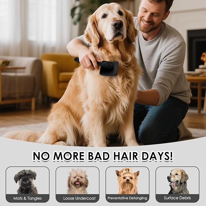 Large Slicker Brush for Dogs - 3PC Pet Grooming Kit - Undercoat Rake & Stainless Comb | Long Pins Remove Mats on Poodles, Golden, Labradoodles | Thick Coat Deshedder for Dogs, Cats, Black