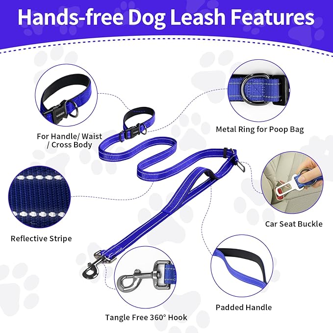 Hands-Free Dog Leash with Adjustable Length 6-9FT + Dual Padded Handles Reflective Safety for Walking, Jogging & Training | Suitable for Medium to Large Dogs & Puppies Blue-L