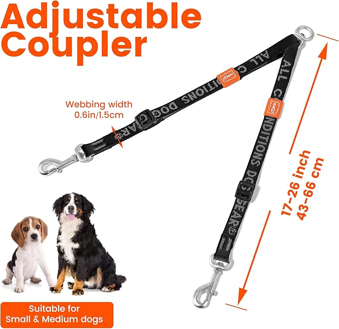 HOWGO Double Dog Leash, No Tangle 360° Swivel, Adjustable Two Padded Handles, Double Clip Dog Leash Coupler Splitter for Small and Medium Breeds (Green, 2/3'' x 0.9 FT)