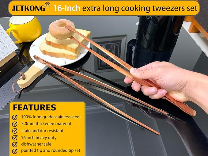 JETKONG 2 Pcs 16-Inch Extra-Large Kitchen Tweezers and Tongs - Giant Stainless Steel Food Tweezers - Rose Gold