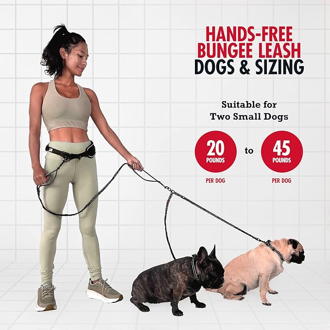 Tuff Pupper Heavy Duty Hands Free Dog Leash | Two Small/Medium Dogs Up to 90 lbs | Comfortable Shock Absorbing Bungee | Reflective Padded Handles | Lumbar Waist Belt 22-45" | Jogging Running Leash