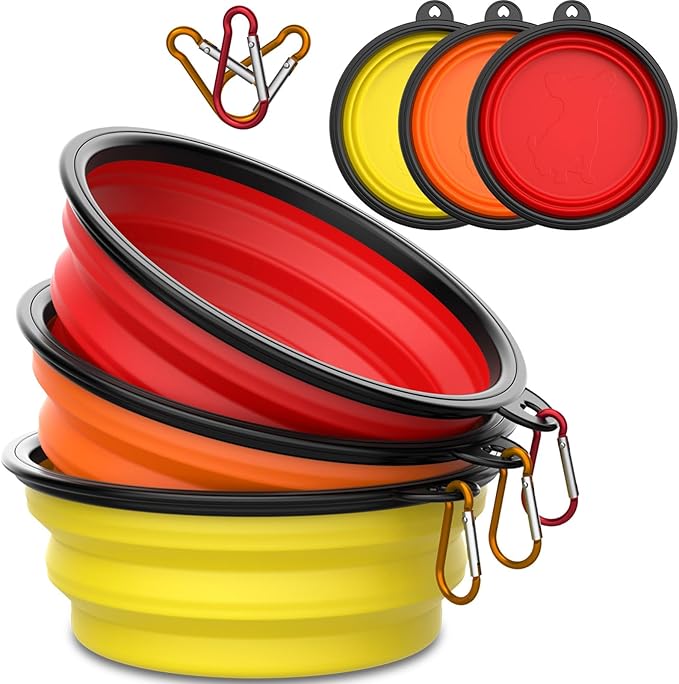 3 Pack Collapsible Dog Bowl Travel Portable Pet Bowls [20oz,600ml],Expandable Foldable Food Water Feeding Dishes for Traveling Hiking Walking,with Carabiners [Red,Orange,Yellow]