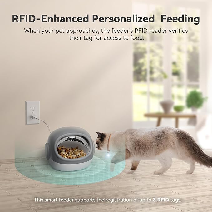 Upgraded RFID Cat Feeder with Collar Sensor – 4 Feeding Modes, Anti-Theft Pet Feeder for Multi-Cat Households, Timed Collar-Activated Feeder for Special Diets & Portion Control (Gray)
