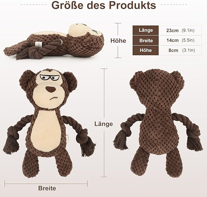 Dog Toys, Dog Squeaker Toys with Crinkle Paper, Stuffed Animal Dog Plush Chewing Toy, Cotton Rope Interactive Toys for Puppy, Small, Middle Dogs (Brown Monkey)