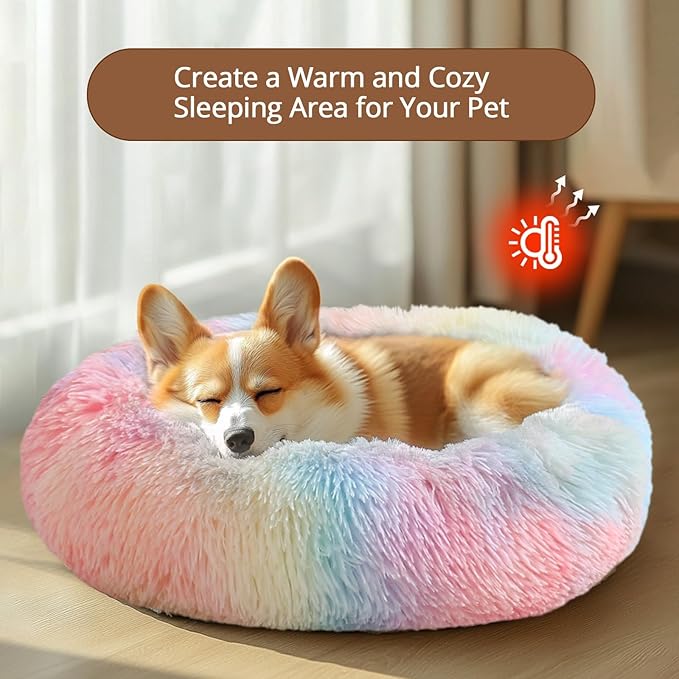 JOLLYVOGUE Medium Calming Dog Bed, Anti-Anxiety Donut Cuddler Cat Bed with Anti-Slip Bottom, Fluffy Faux Fur Machine Washable Pet Cushion for Medium Large Dog & Cat, 31"/Rainbow