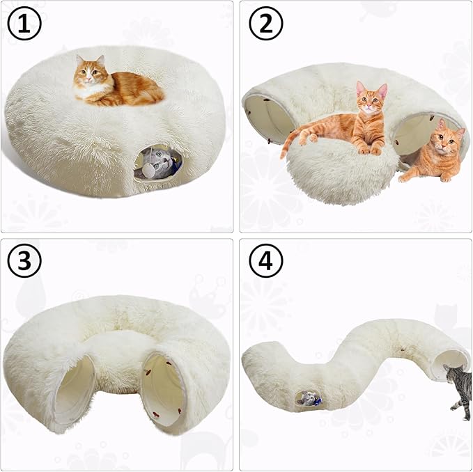 White Fluffy Warm Plush Cat Round Tunnel Tube, Soft Collapsible Multi-Combinations Cat Donuts Bed for Kitty Kitten Puppy Rabbit Ferret