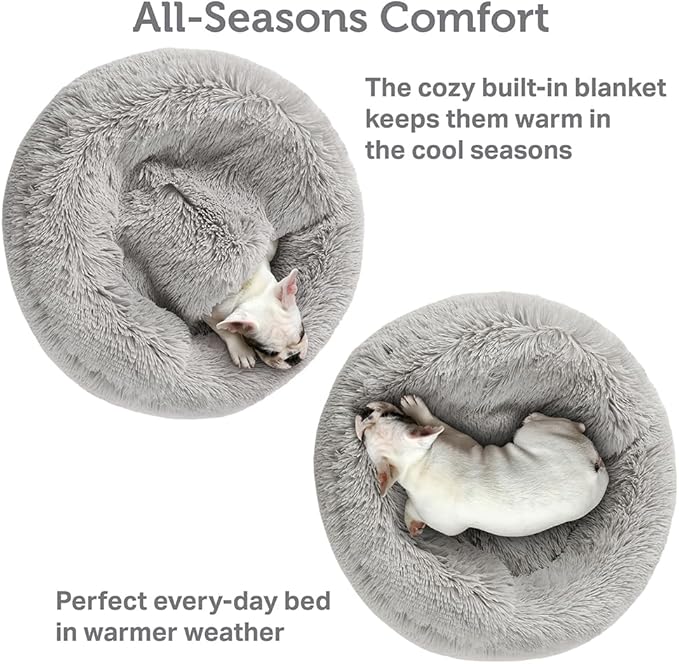 Friends Forever Luna Donut Cat Bed Cave, Soft Faux Fur Hooded Blanket Dog Couch For Indoor Pet, Fluffy Calming Plush Shag, Cozy Round Cushion, Machine Washable Cuddler, Self Warming, Grey
