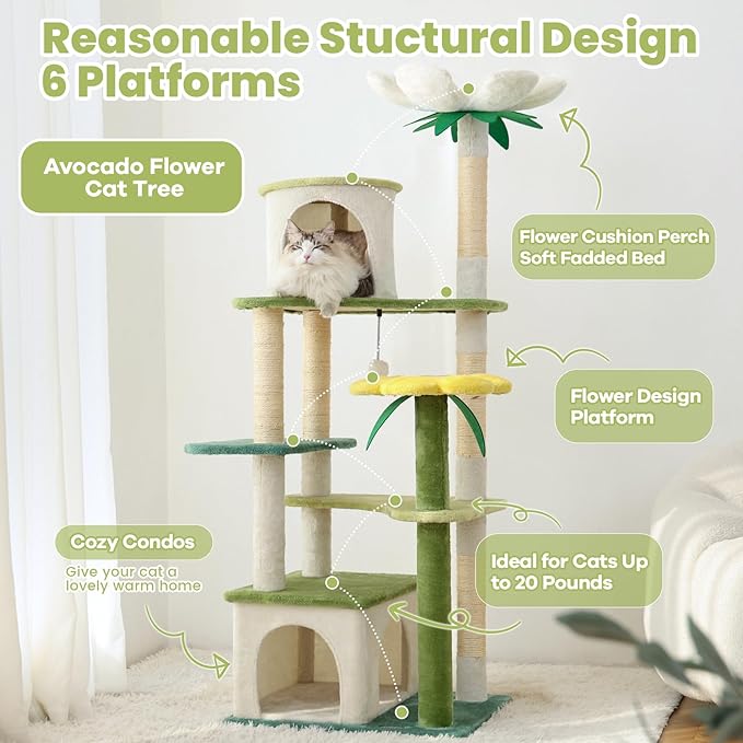 HYABi 64-Inch Cute Avocado Flower Large Tall Garden Cat Tree Tower Condo House Furniture Bed Plush Ball Activity Platform Multi-Level with Scratching Posts for Indoor Cats Play